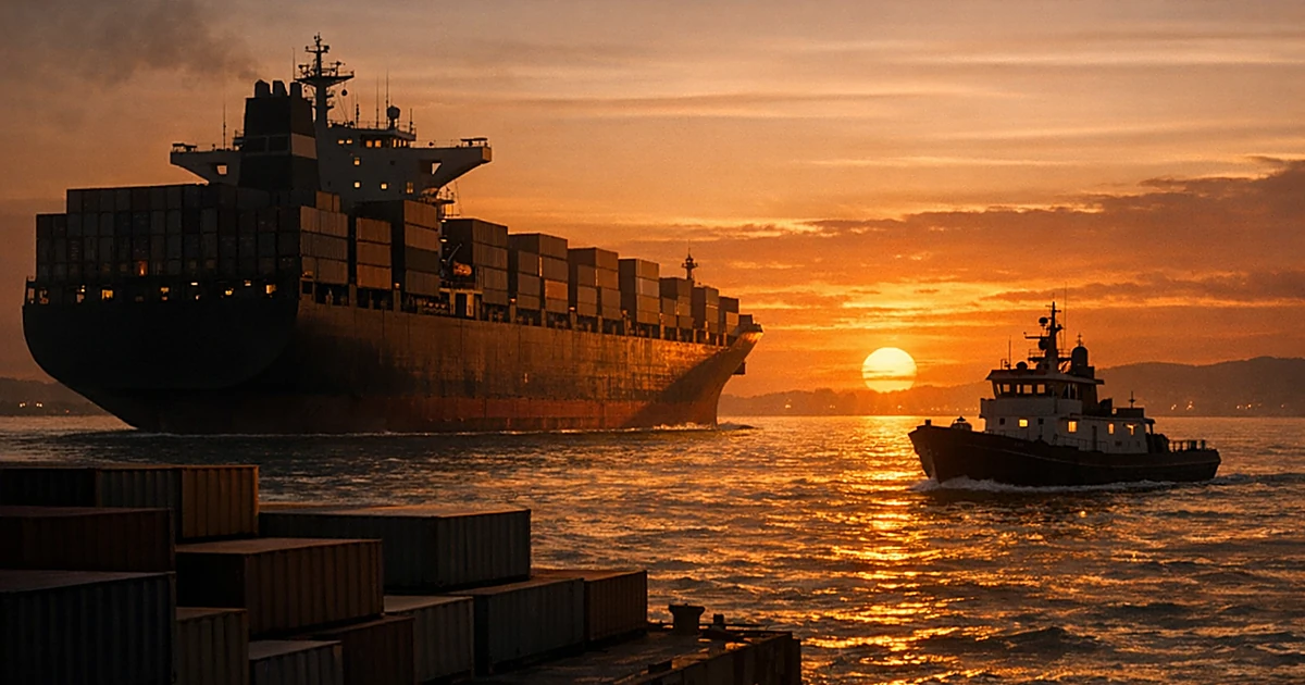 Foreign cargo ship passing smaller domestic vessel in coastal waters with shipping containers in foreground at sunset