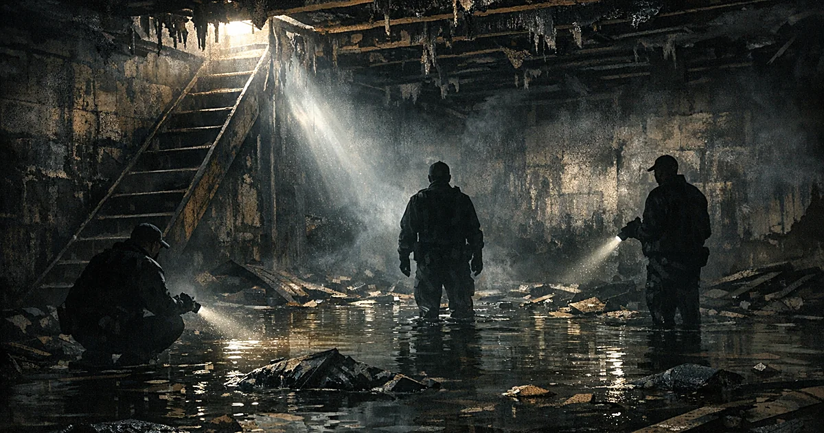 Dark flooded basement with charred beams, standing water, and debris illuminated by dim light from stairway above