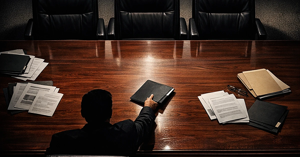 Empty chairs at conference table with documents being pushed across, suggesting diplomatic personnel changes