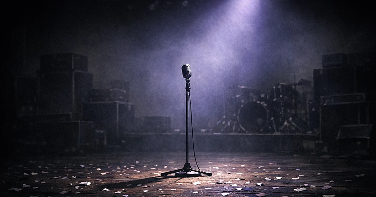 Empty concert stage with lone microphone in purple spotlight, confetti scattered on floor in darkness