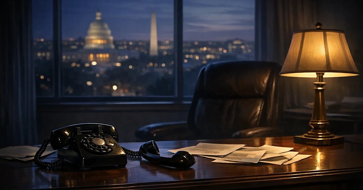 Empty office with telephone on desk at night, Washington skyline visible through window in twilight