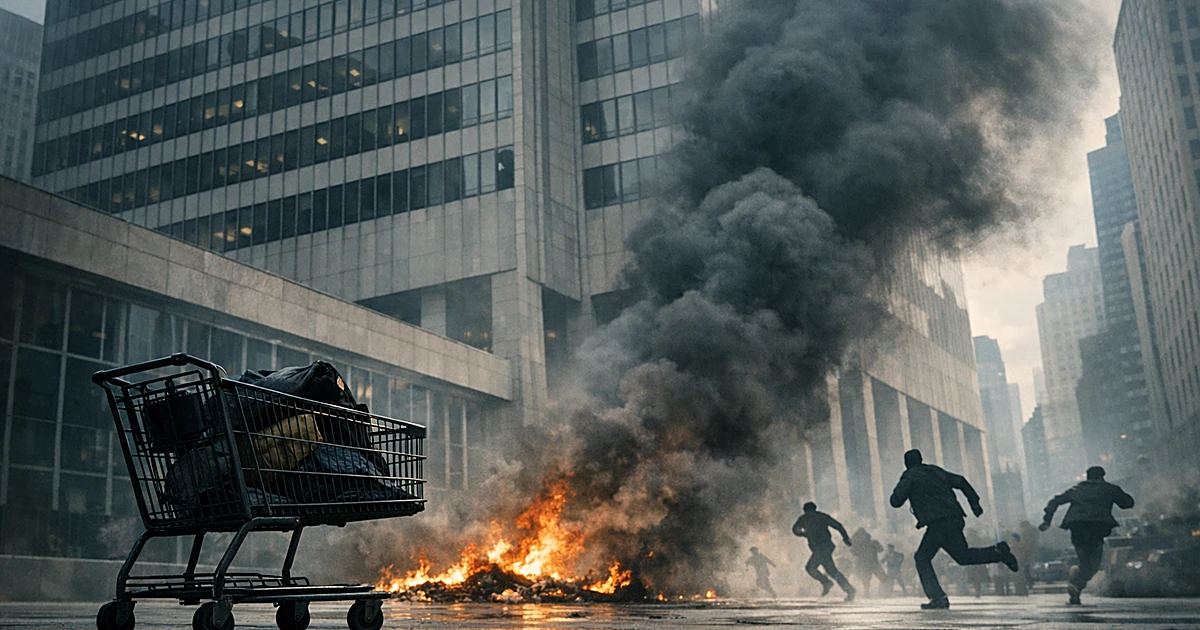 Shopping cart with smoke rising from pavement in front of federal building as silhouetted figures flee the scene