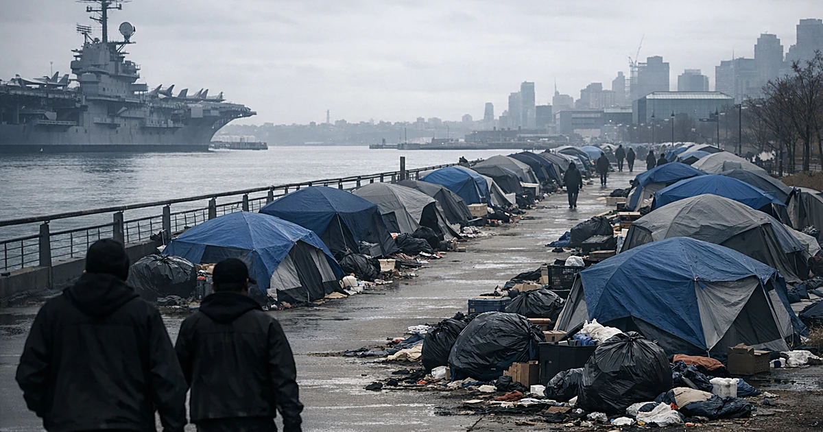 Tents and belongings line a waterfront pathway stretching into distance with walking silhouettes in foreground