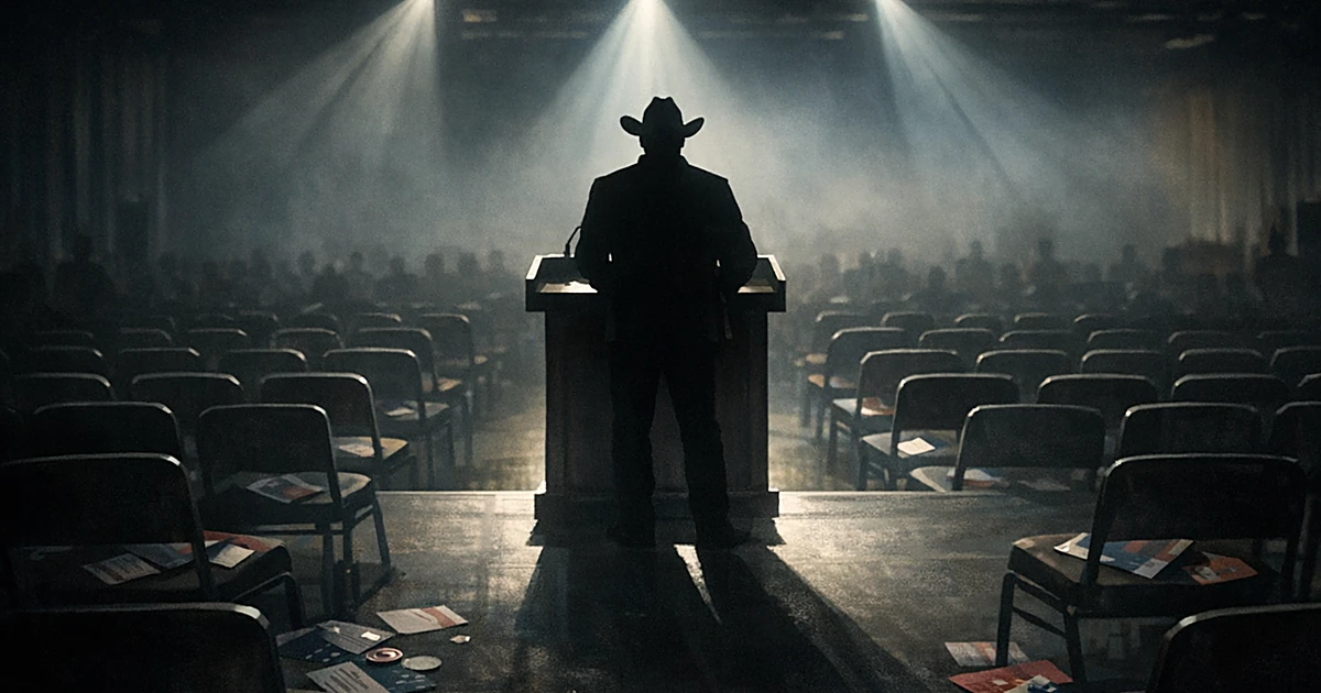 Silhouetted figure at podium on stage with spotlight and empty chairs in convention hall