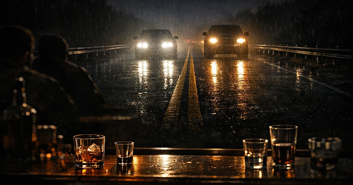 Nighttime highway with opposing headlights approaching in wrong lane, bar glasses in foreground silhouette