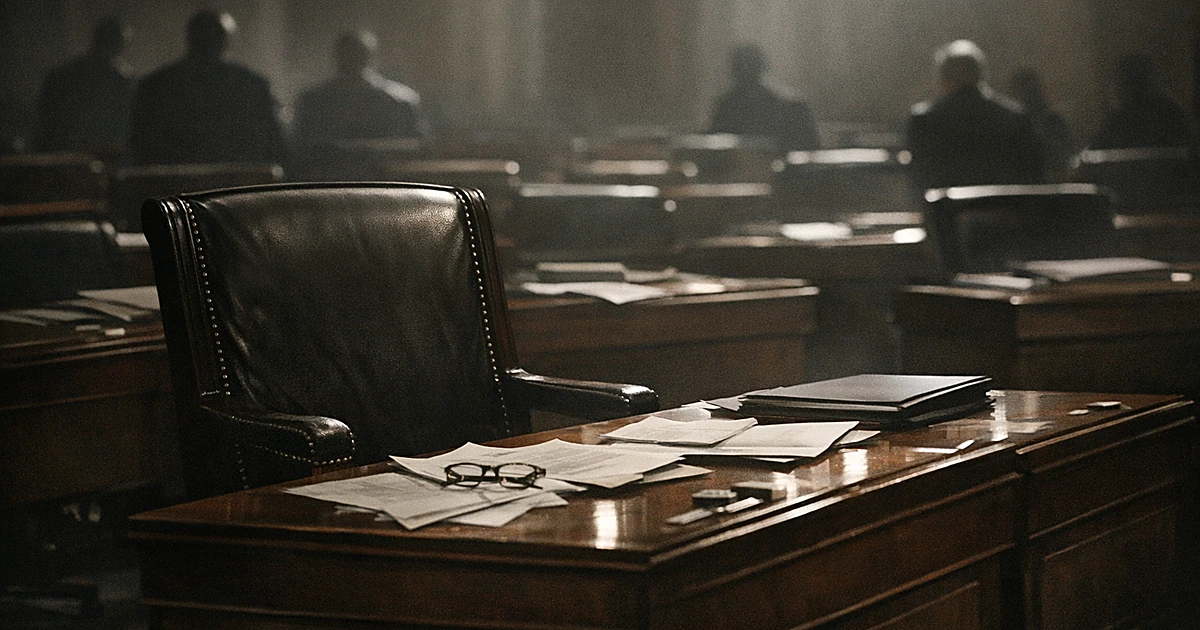Empty chair and vacant desk in a legislative chamber with scattered papers and dramatic shadows