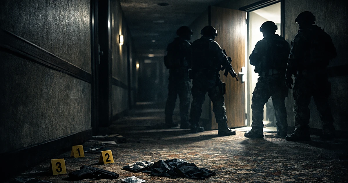 Silhouettes of law enforcement figures outside hotel room door in darkened corridor with evidence markers on floor