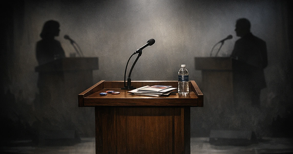 Empty podium in spotlight with two silhouetted figures at distant podiums, representing candidate withdrawal from race