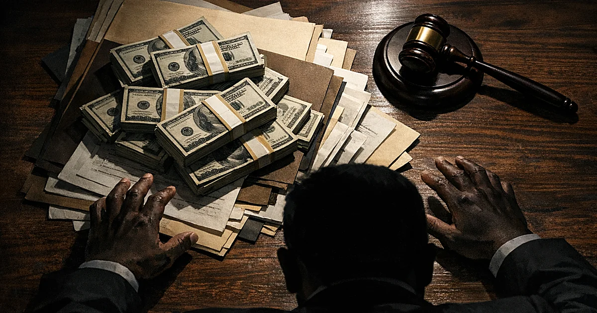 Overhead view of courtroom desk with cash bundles, legal documents, and gavel, hands reaching toward money
