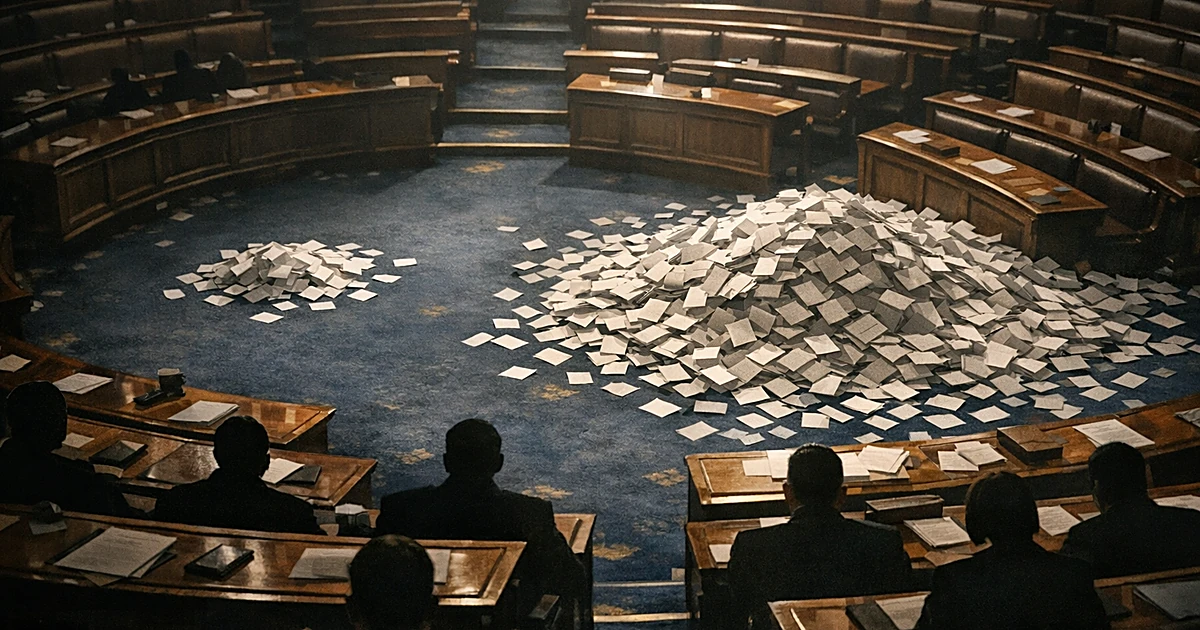 Overhead view of legislative chamber with divided voting papers showing a split decision on the floor
