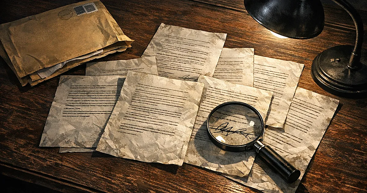 Forensic examination of multi-page document with magnifying glass on desk beside opened envelope under dramatic lighting