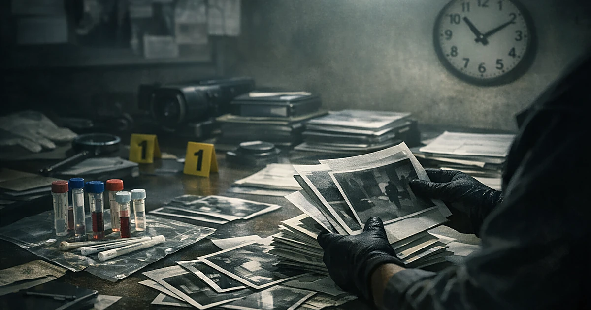 Investigation table with DNA samples, evidence markers, and video footage with detective's hands sorting documents