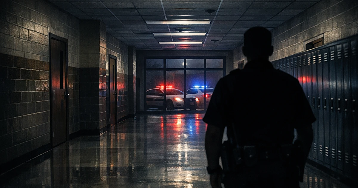 Empty middle school hallway with police cars visible through windows, silhouetted figure in foreground