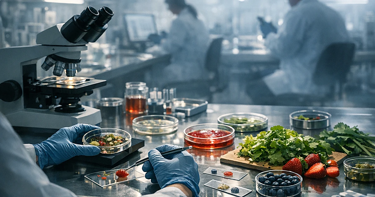 Laboratory hands in gloves examining fresh produce samples with microscope slides and petri dishes on steel surface