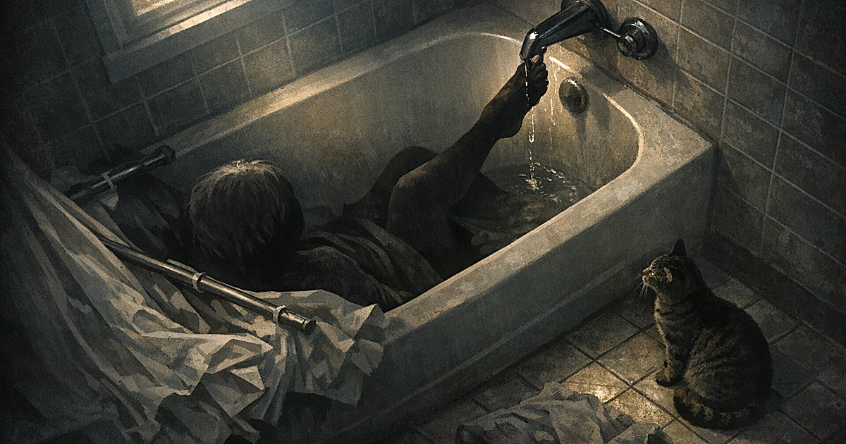 Silhouette of elderly person trapped in bathtub reaching foot toward faucet, with fallen shower curtain and cat nearby