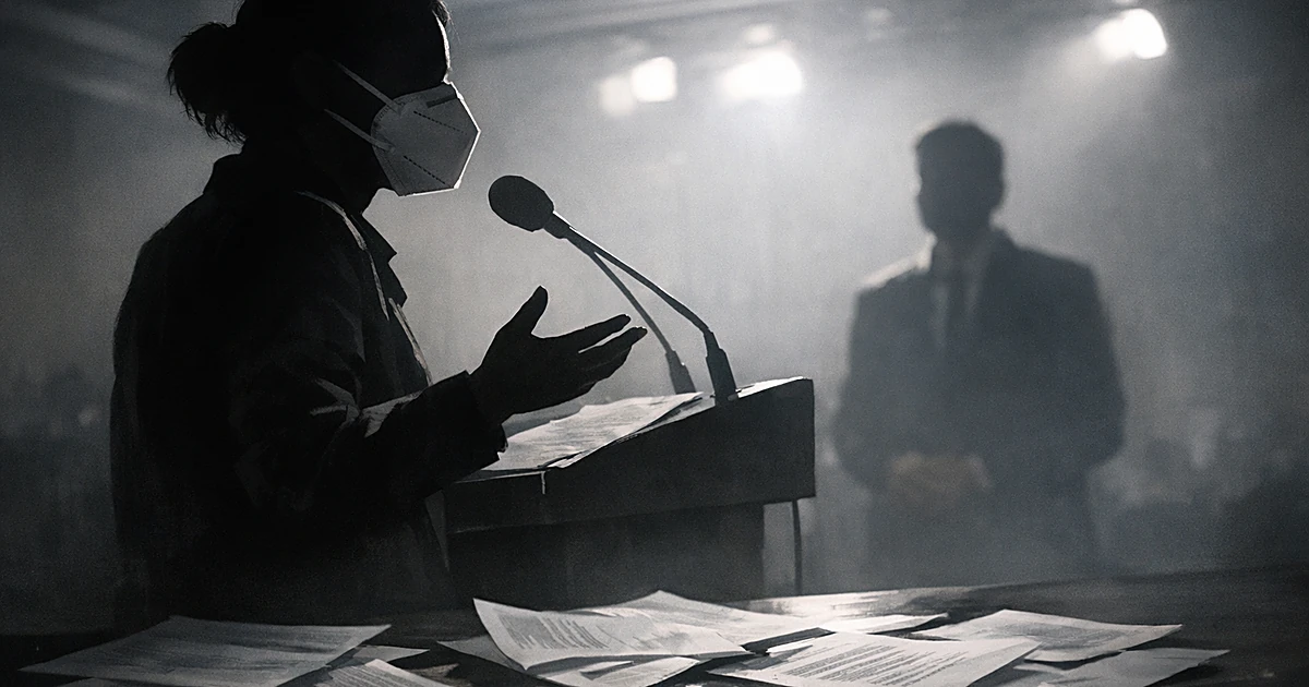 Silhouetted speaker in N95 mask at podium with another figure behind, papers on table, dramatic lighting