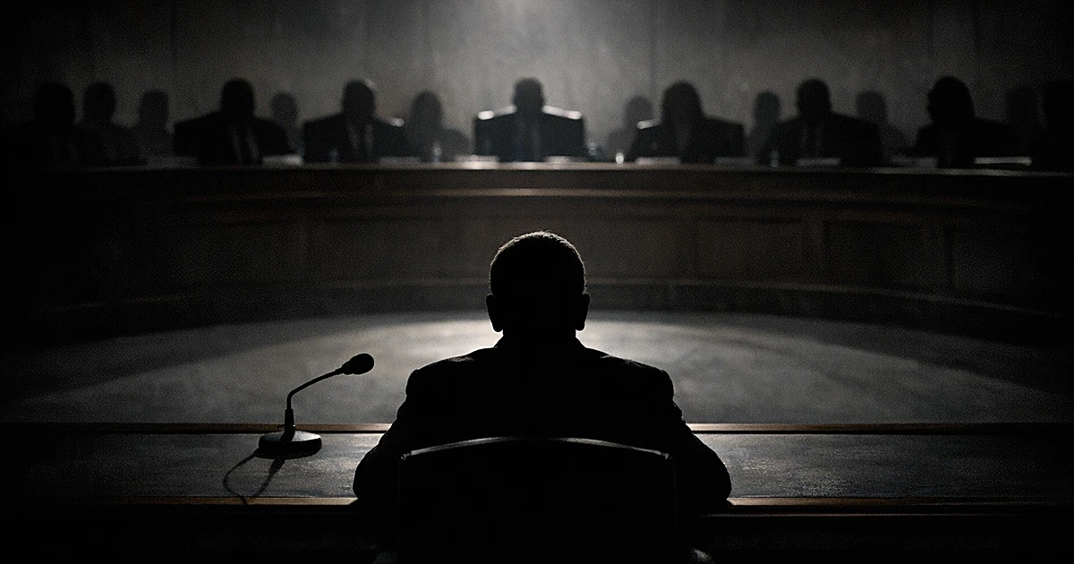 Silhouetted witness at table facing panel of shadowed figures in Senate hearing room with dramatic lighting