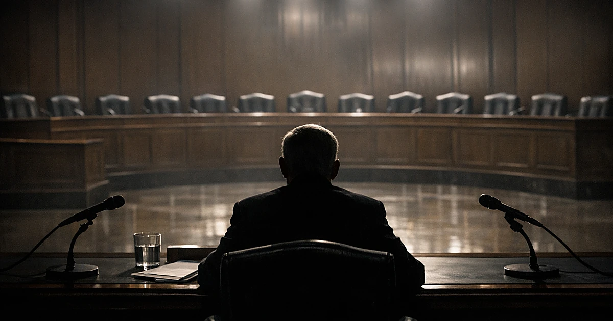 Silhouette of person at witness table facing empty semicircular arrangement of chairs in formal hearing room