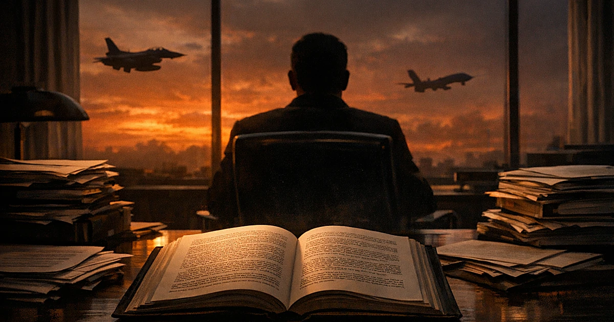 Silhouetted figure at desk with legal documents, military aircraft visible through window at sunset