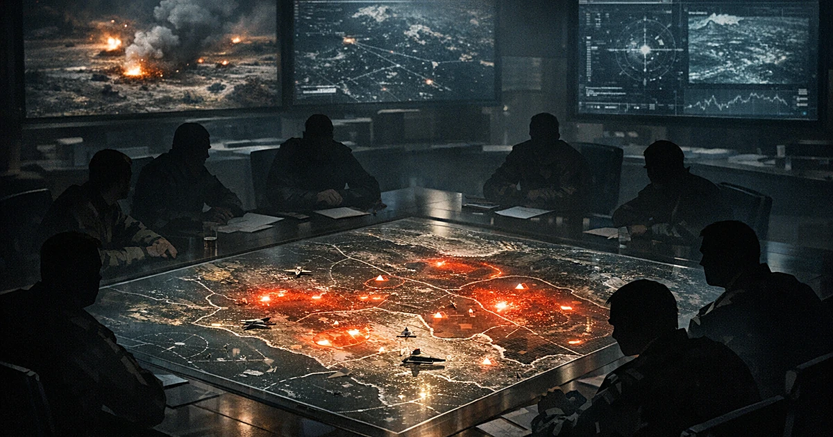Silhouetted figures around illuminated military planning table with topographical map in darkened war room