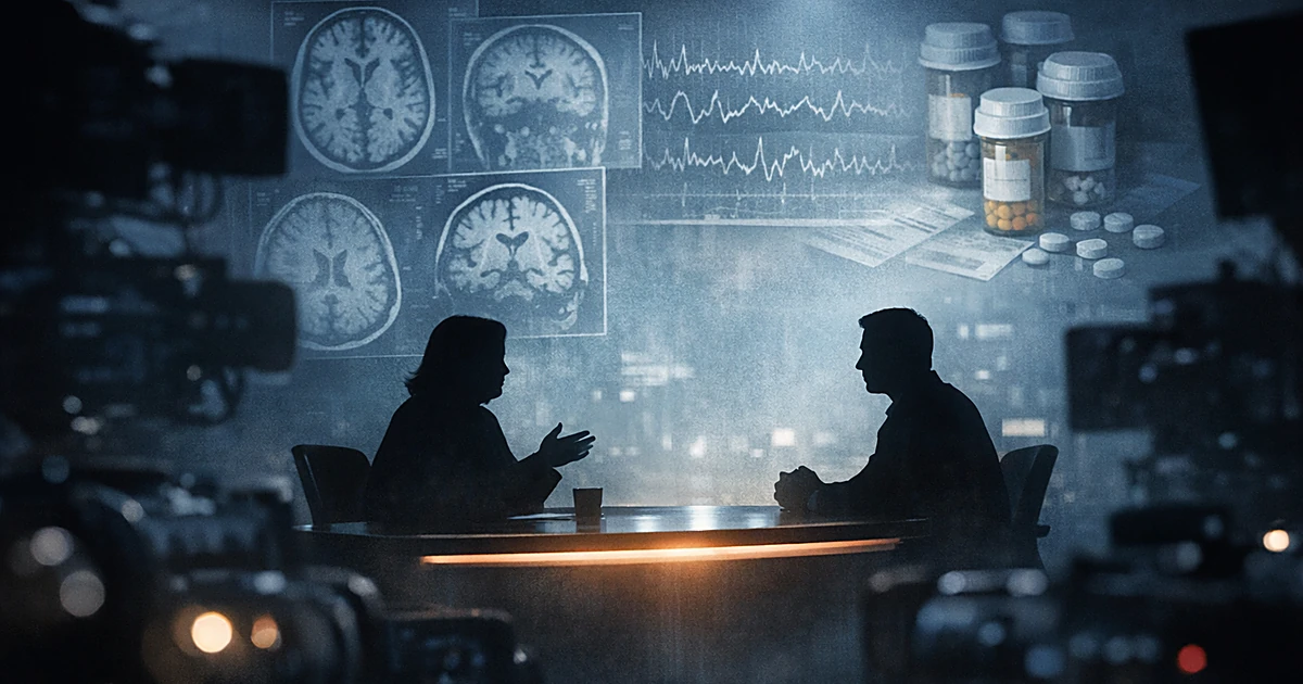 Silhouetted TV interview with floating medical imagery overlays in a studio setting