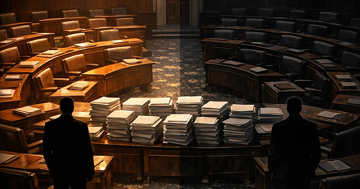 Split-lit Senate chamber with silhouetted figures on opposite sides and abandoned legislative documents on desks