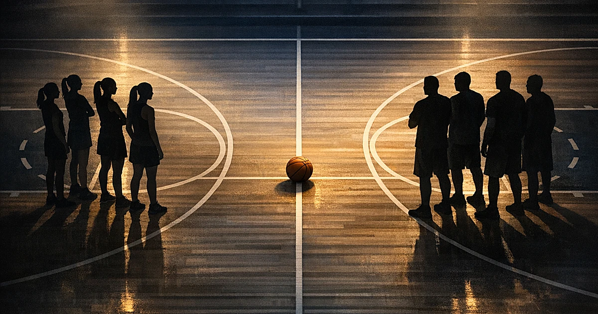 Basketball court from above with silhouetted figures on opposite sides, ball at center line creating visual divide