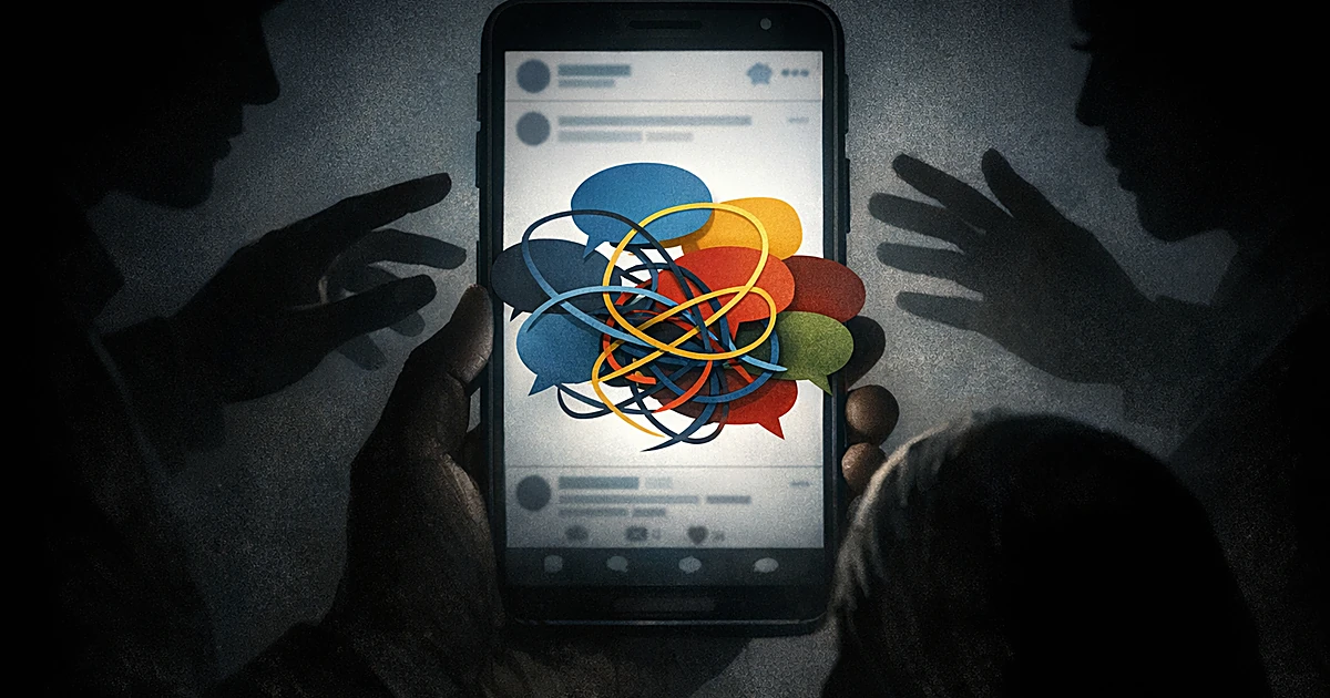 Smartphone with tangled, overlapping speech bubbles showing confused social media exchange with multiple shadowed hands