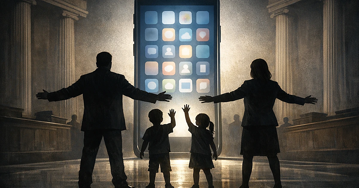Silhouettes of children reaching toward giant glowing smartphone while adult figures stand protectively between them