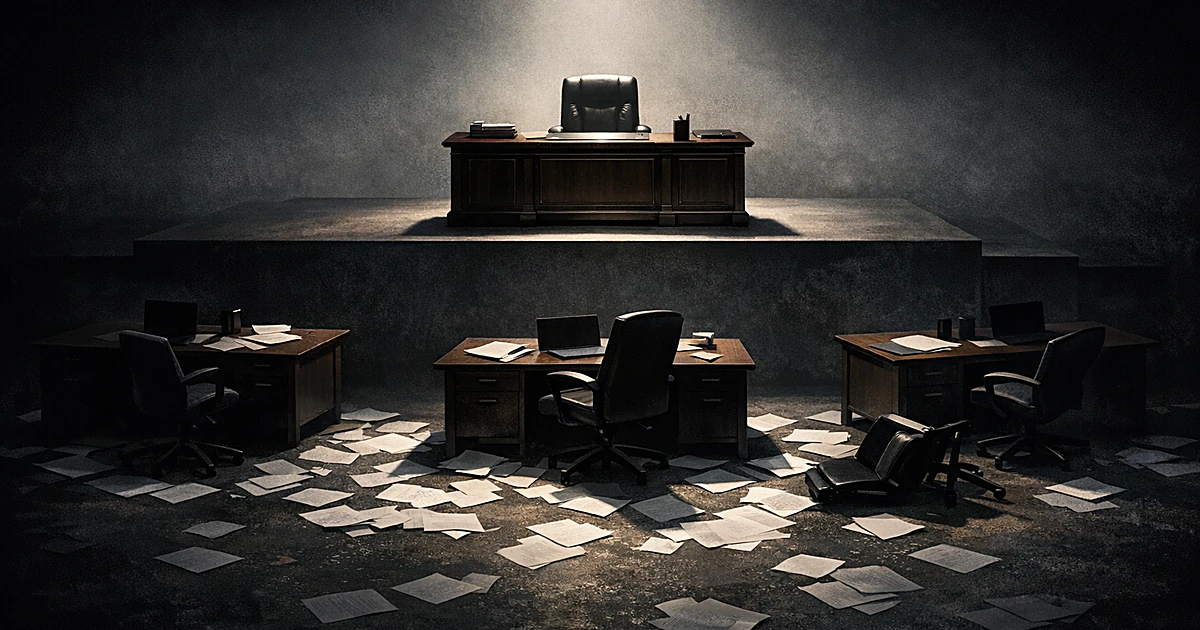 One elevated desk in spotlight towers over three abandoned lower desks with scattered papers in shadows below