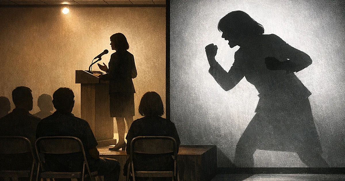 Split scene showing silhouette at podium with two contrasting presentations - calm audience setting versus aggressive shadow