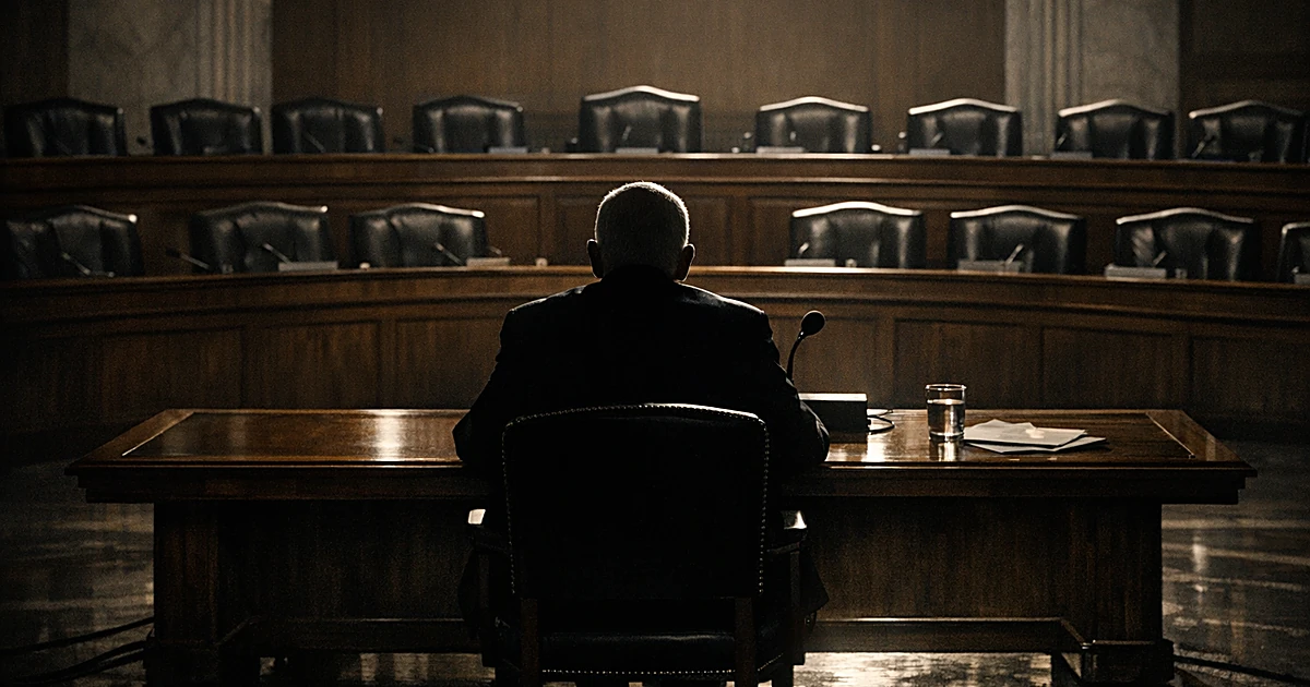 Silhouetted figure at witness table facing empty tiered seating in a dimly lit government hearing room