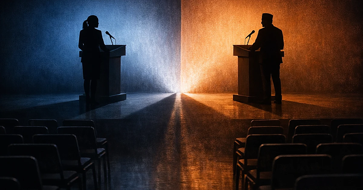 Two podiums on opposite sides of a stage with silhouetted figures, lit in contrasting blue and amber light