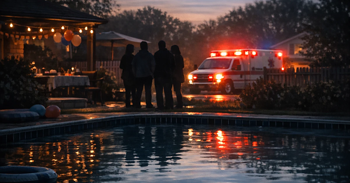 Backyard swimming pool at dusk with silhouettes of people gathered and emergency vehicle lights in background