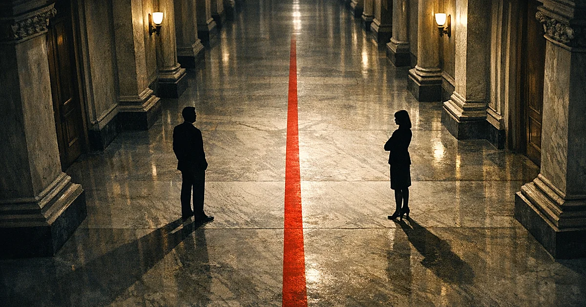 Two silhouettes separated by red line across government building hallway representing workplace relationship boundaries