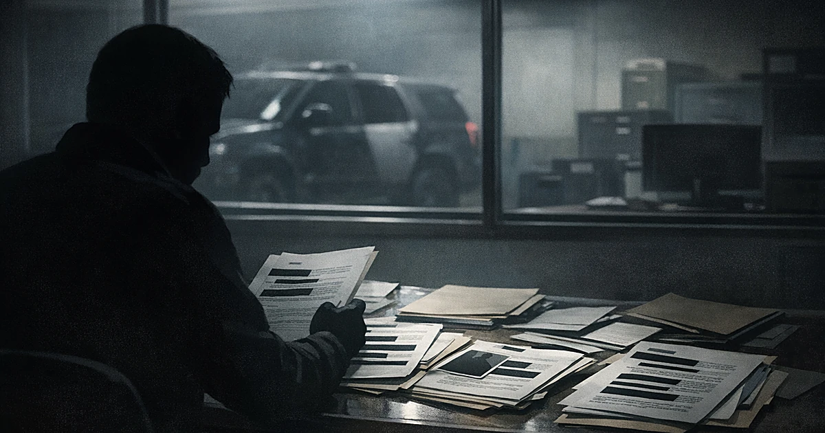 Silhouetted figure reviewing personnel files at desk with patrol vehicle visible through window in shadowy background