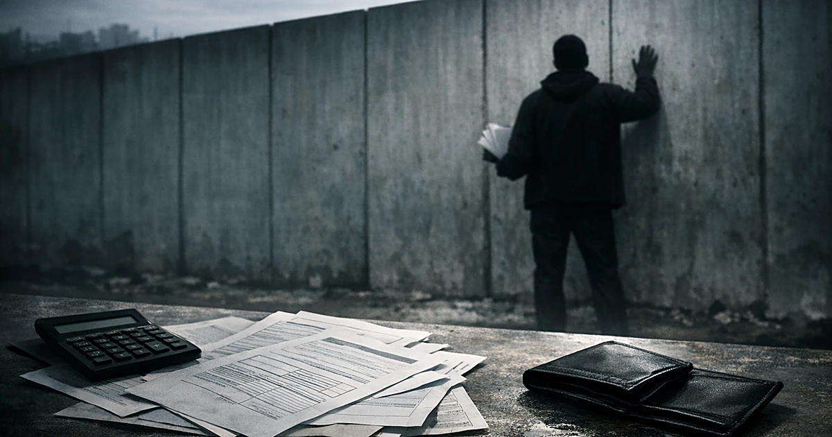 Silhouetted person facing concrete barrier while holding documents, with papers and empty wallet on desk in foreground