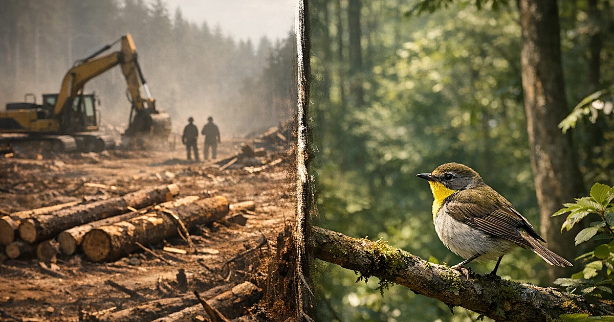 Forest divided between cleared land with logging equipment and pristine wilderness with endangered bird on branch