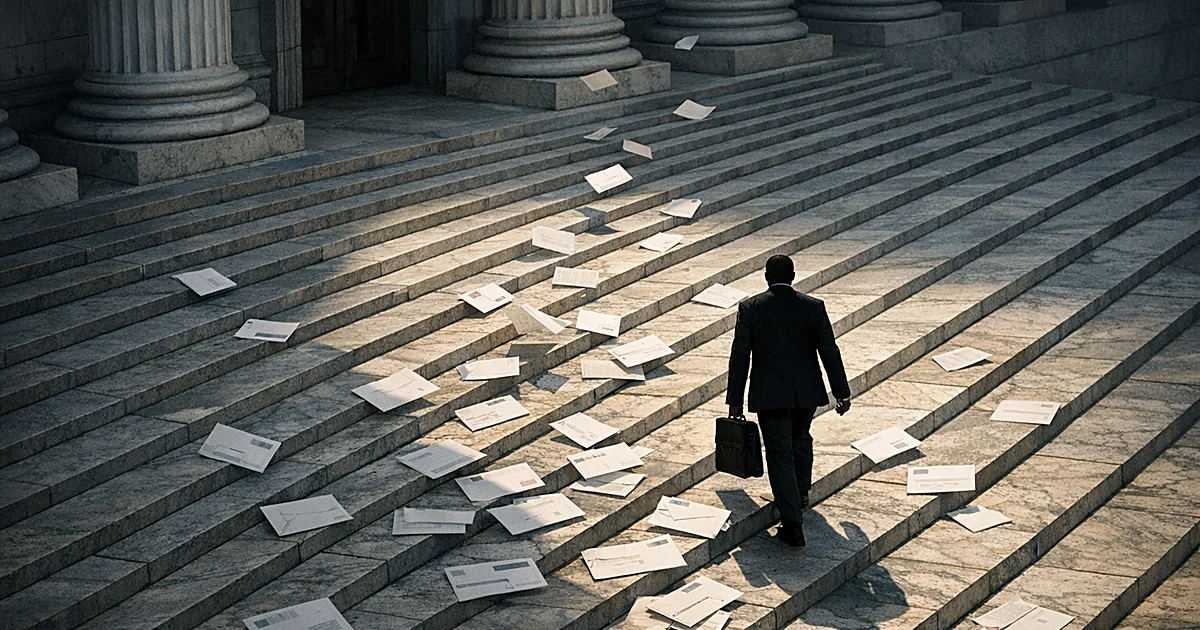 Person from behind climbing Supreme Court steps as mail-in ballots scatter across the marble stairs