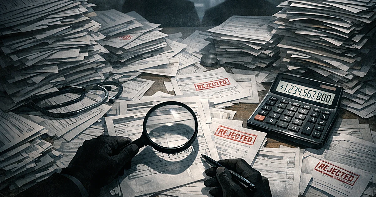 Overhead view of desk with medical claim documents, magnifying glass examining papers, red rejection stamps on fraudulent for