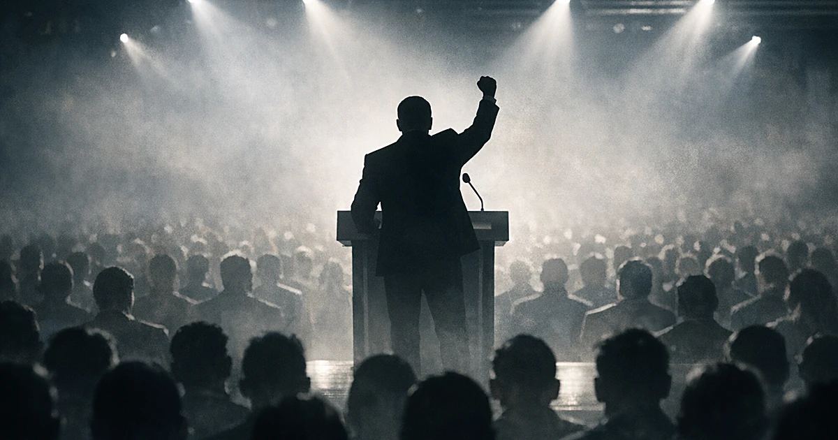 Silhouetted figure at podium with raised arm facing crowd of silhouettes in spotlit venue