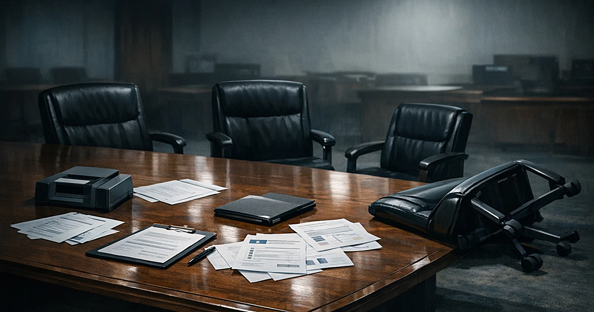 Empty boardroom with four vacant chairs around a table covered in scattered official documents, one chair tipped over