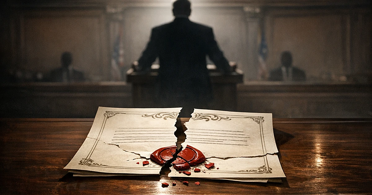 Silhouetted figure at podium with torn pardon document on desk, symbolizing political betrayal