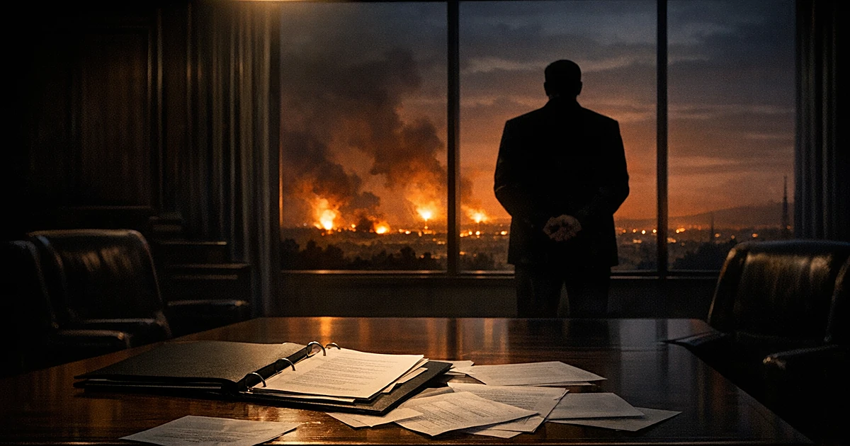 Silhouetted figure in conference room watching distant explosions through window as diplomatic papers lie abandoned on table