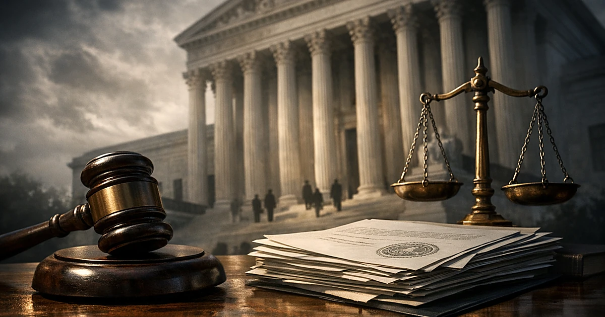 Supreme Court building with gavel, legal documents, and scales of justice in foreground representing federal legal appeal