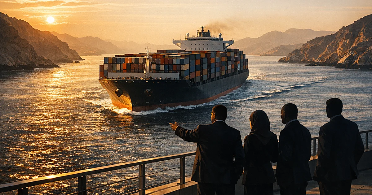 Cargo ship passing through narrow strait with silhouetted business figures observing from dock at sunset