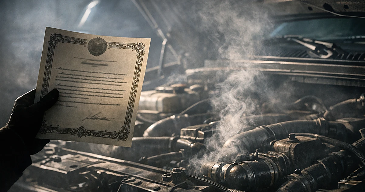 Silhouetted hand holding pardon document above open truck hood showing emissions system components with smoke