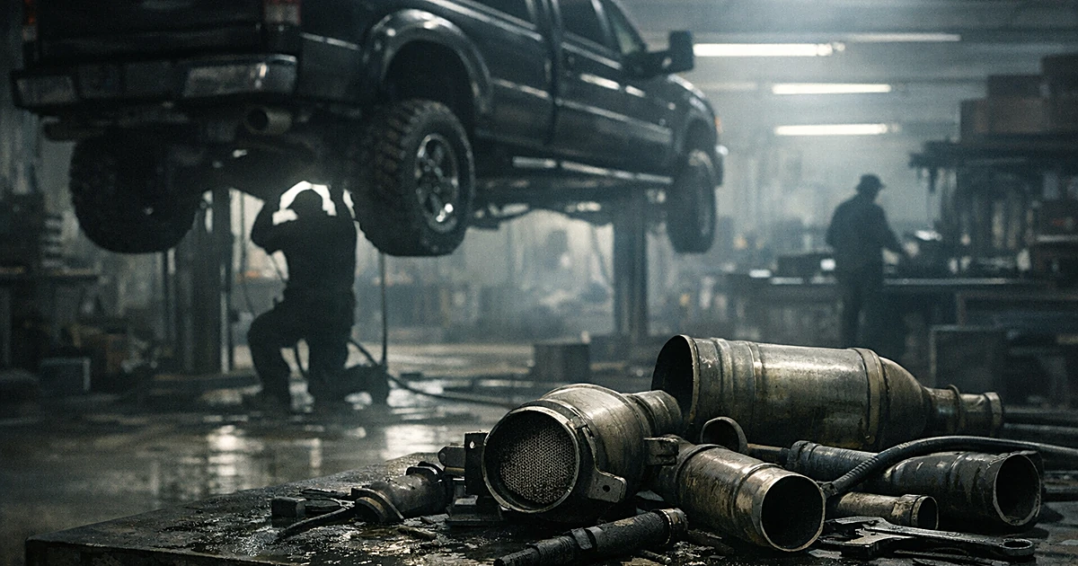 Silhouette of mechanic working under diesel truck in repair shop with disconnected emissions parts on workbench
