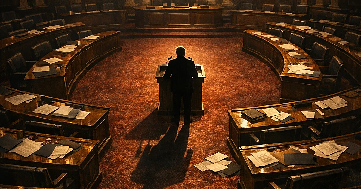 Overhead view of legislative chamber with silhouetted figure at podium and scattered papers on empty desks