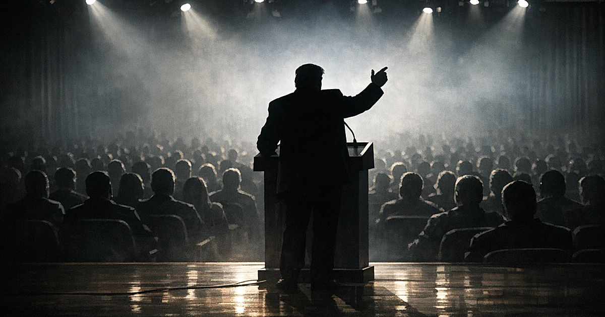 Silhouetted speaker at podium on stage addressing crowd of shadowy figures in auditorium seats